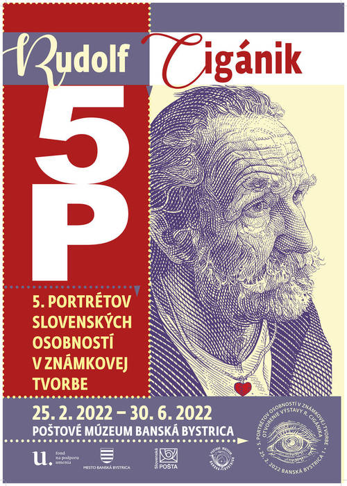 Plagát Výstava: 5P Rudolfa Cigánika  / 5 portrétov slovenských osobností v známkovej tvorbe